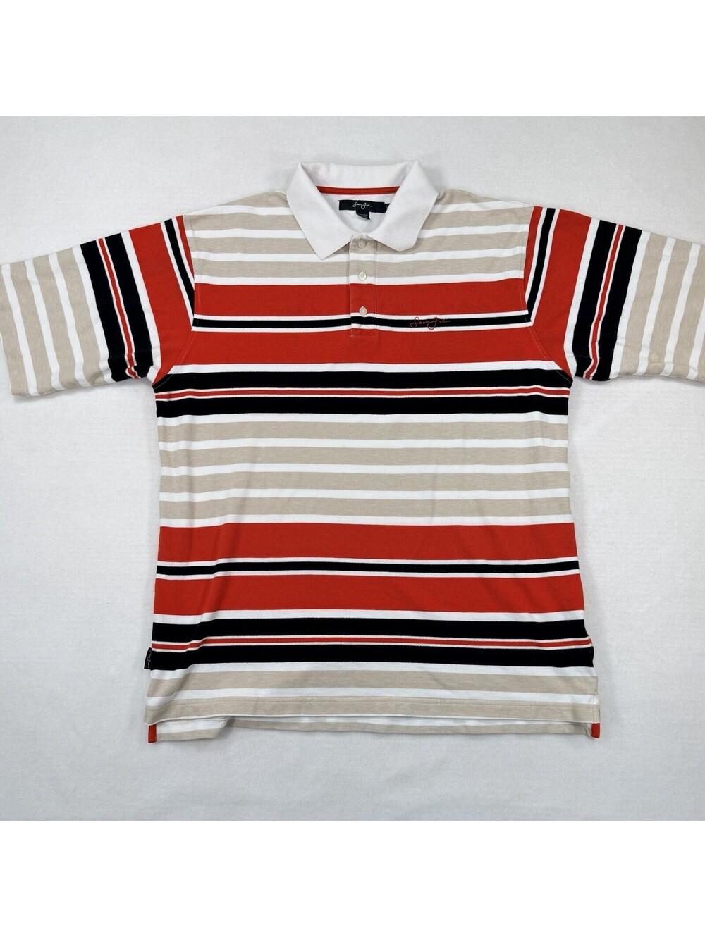 Vintage Y2K Sean John Polo Shirt Mens XL Striped Red Tan Black Script Logo